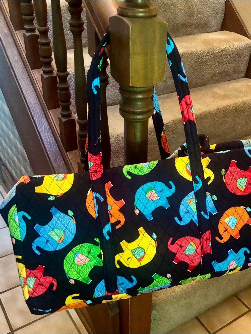 Large Colorful Elephant Quilted Tote - Black Background